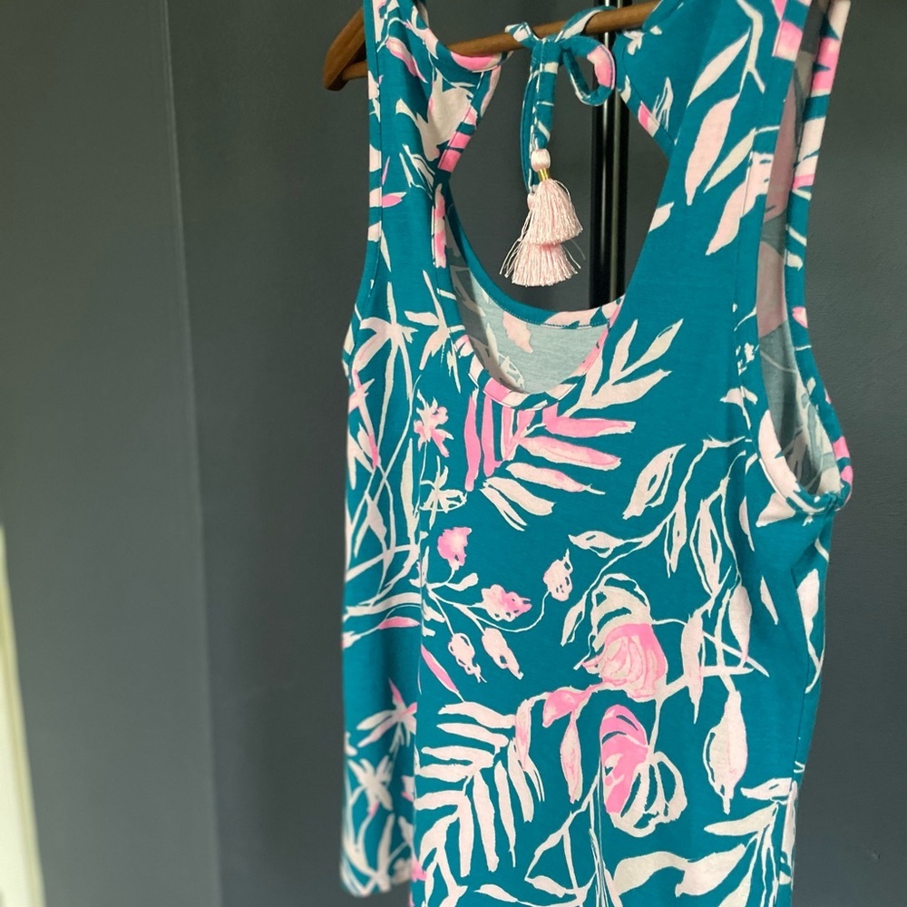 Lilly Pulitzer Teal & Pink Sleeveless Scoopneck Tropical Floral Tank, Tassel Tie - Picture 7 of 10